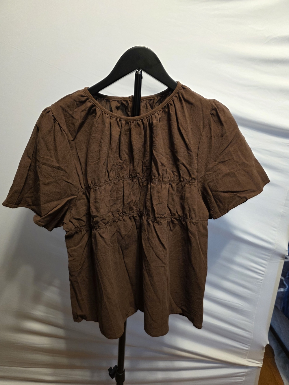 SHEIN Brown Short Sleeve Smocked Peasant Top